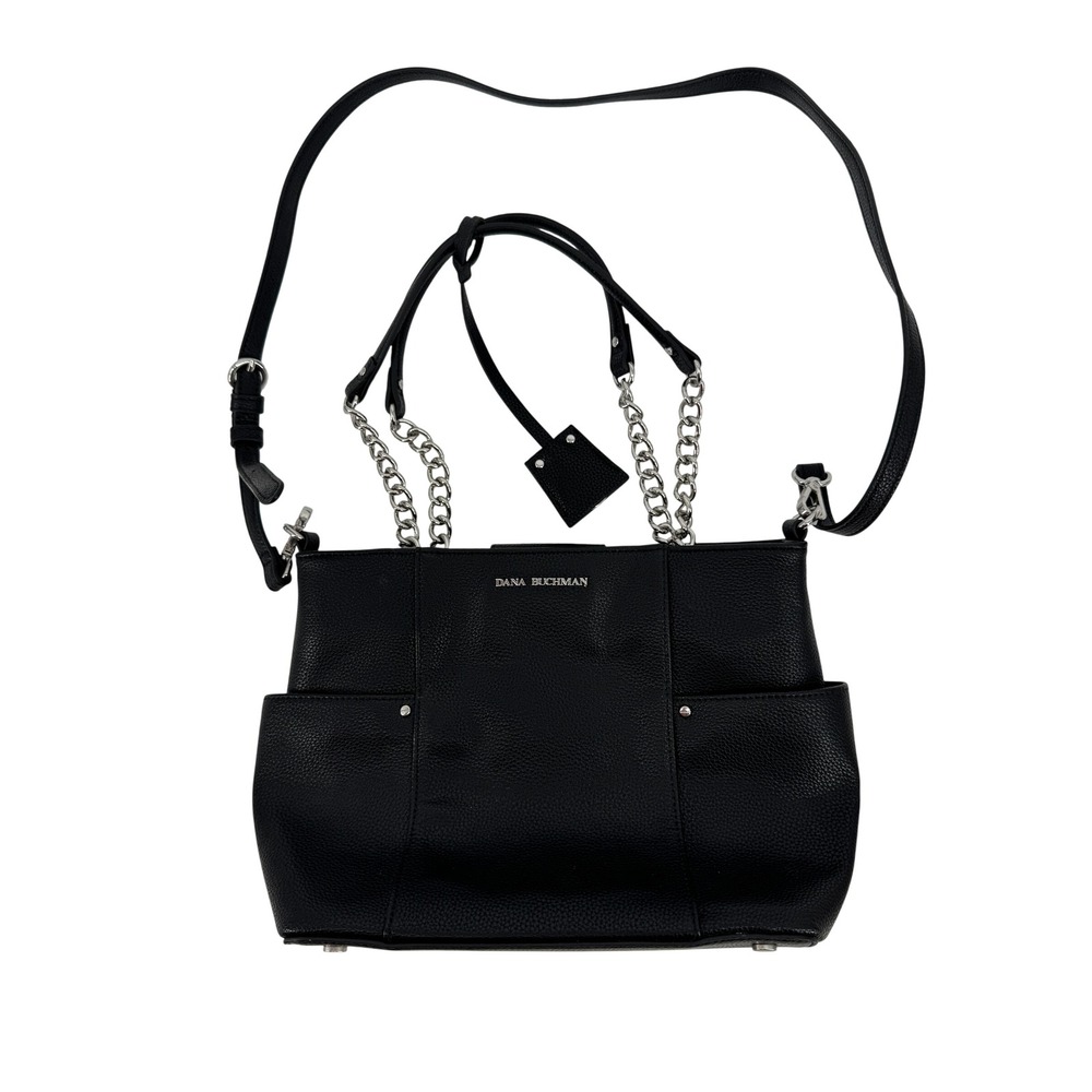 Dana Buchman Handbag Women Medium Black Pebbled Crossbody Tote Silver Chain